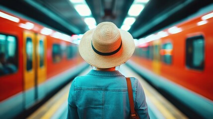 A woman stands at a subway platform, adorned with a stylish straw hat, gazing thoughtfully as a colorful train approaches in the blurred background, capturing her anticipation.