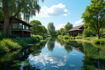 Obraz premium Serene Lakeside Houses Tranquil Pond Lush Greenery Summer Day