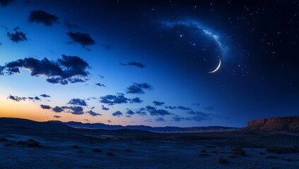 Desert crescent moon night sky panorama