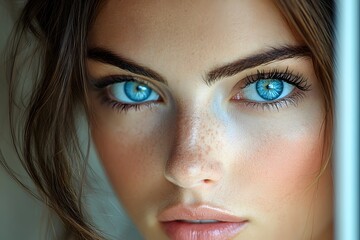 Fototapeta premium Close-Up Portrait of a Woman with Blue Eyes and Freckles for Beauty and Fashion