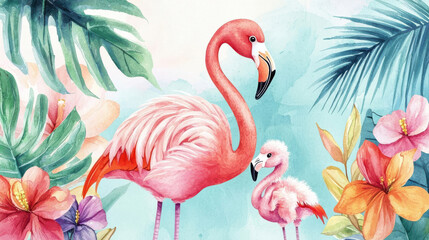 Vibrant watercolor flamingos and tropical flowers in a lush paradise setting.