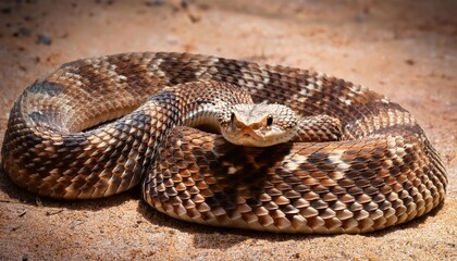 Obraz premium Vigilant Western Diamondback Rattlesnake in Desert Dusk, Coiled and Ready against Red Rock Backdrop