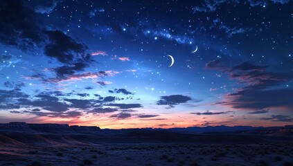 Fototapeta premium Desert sunset, crescent moon, starry night, landscape, travel