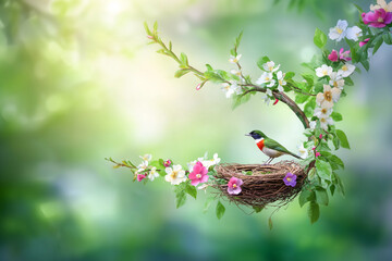 Bird Nesting Among Vibrant Blooming Flowers