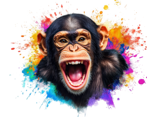 monkey with funny expression, surrounded by colorful splashes, showcases vibrant and playful atmosphere. This lively image captures essence of joy and humor