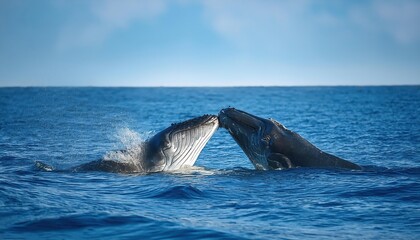 Fototapeta premium Magical Moment Majestic Humpback Whales Embracing in a Heartwarming Kiss off the Coast of Tonga, Capturing the Love and Grace of these Giant Mammals in the Crystal Clear Waters.
