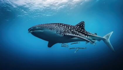 Fototapeta premium Aweinspiring High Contrast Encounter with a Giant Whale Shark in the Ocean Depths, Showcasing Majestic Creatures Magnificent Scale and Power, Captured Beneath the Waves.