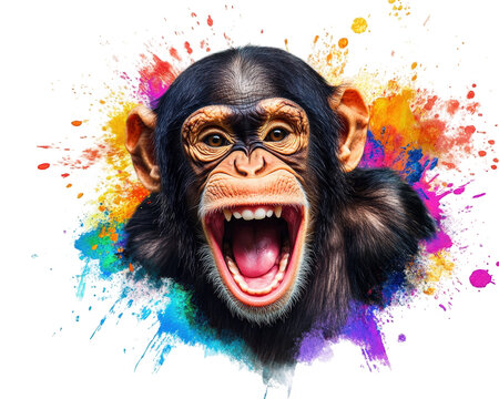 monkey with funny expression, surrounded by colorful splashes, showcases vibrant and playful atmosphere. This lively image captures essence of joy and humor