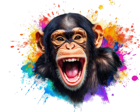 monkey with funny expression, surrounded by colorful splashes, showcases vibrant and playful atmosphere. This lively image captures essence of joy and humor