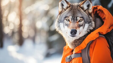 Person in an orange jacket with a wolf mask standing in a snowy forest during winter