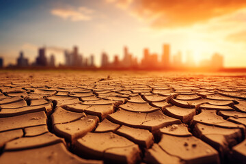 Obraz premium Dry cracked soil and city on blurred background at sunset representing global warming
