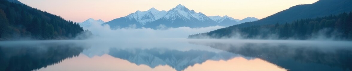 Misty morning with a mountain range reflected in the lake's surface, reflection on water, serene atmosphere
