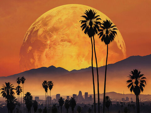 Iconic palm trees silhouetted against an orange sunset in Los Angeles with smoke rising from the hills