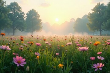 Fototapeta premium misty morning in a lush meadow with blooming flowers, mist, landscape, nature