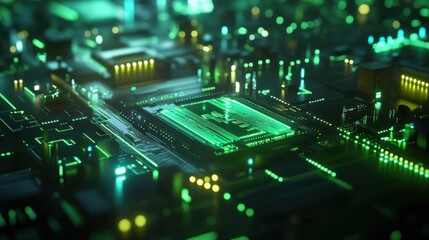 Futuristic abstract electronic circuit board background with vibrant green and blue lights, digital technology concept, versatile design for tech and innovation themes