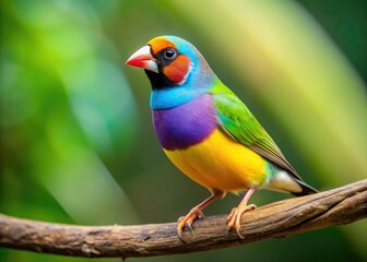Obraz premium Vibrant Gouldian finch perched on a branch, showcasing its exotic plumage in sharp detail.