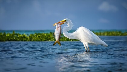 Obraz premium Striking White Egret Catching a Large Fish in the Serene Bubali Bird Sanctuary, Aruba Majestic Beauty Amidst Tropical Greenery and Turquoise Waters