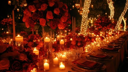 Obraz premium A stunning wedding reception table adorned with rose centerpieces, candles, and elegant tableware.