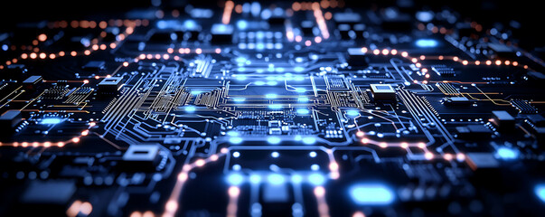 Closeup of a futuristic circuit board with glowing blue and orange accents.  Perfect for illustrating technological innovation, AI, data processing, or hightech concepts.
