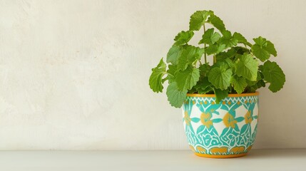 Green Potted Plant In Teal And Yellow Pot Against Off White Backgrounds / Image Description Vibrant