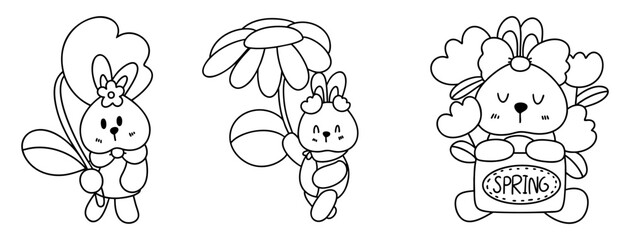 Springtime outline illustration, Cute spring themed illustrations featuring bunny with flower, bunny holding umbrella