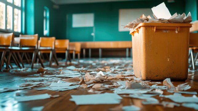 A disorganized classroom depicted with papers strewn across the floor and a trash can overflowing, symbolizing chaos in an educational environment. Highlights the need for organization.