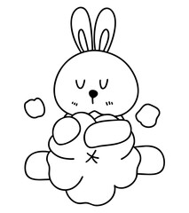 Springtime outline illustration, Cute rabbit character sitting with fluffy clouds