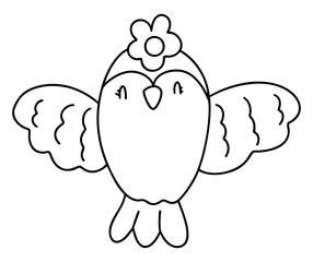 Springtime outline illustration, Cute bird illustration with flower on head and spread wings