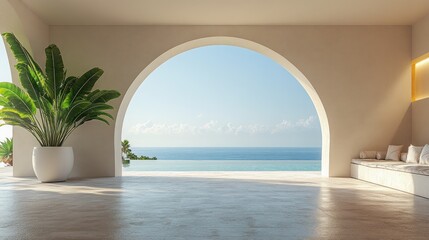 Serene Ocean View through Archway in Modern Minimalist Interior Design