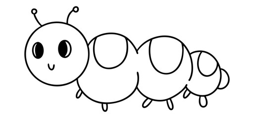Springtime outline illustration, Cute cartoon caterpillar with big eyes and smiling face