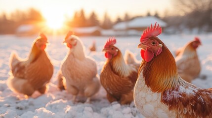 Fototapeta premium A serene scene of chickens frolicking in the snow during a picturesque sunset, showcasing their feathers and vibrant colors against the winter landscape.