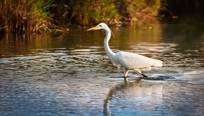 Majestic White Heron Hunting Fish in a Riverbank Panorama Tranquil and Serene Wildlife Moment Captured at Dawn
