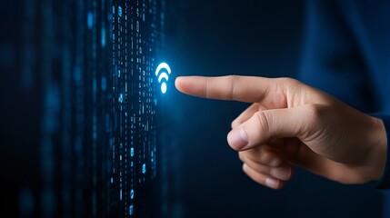 Human hand interacting with futuristic digital touch screen interface and innovative technology