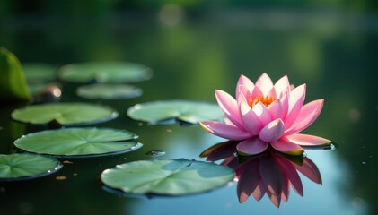 Gentle ripples disturb the calm surface of a pond with blooming water lilies, peaceful, natural, serene
