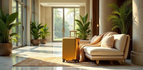 Fototapeta premium A luxurious golden suitcase rests elegantly on a plush rug near a modern beige sofa in a sunlit grand hall