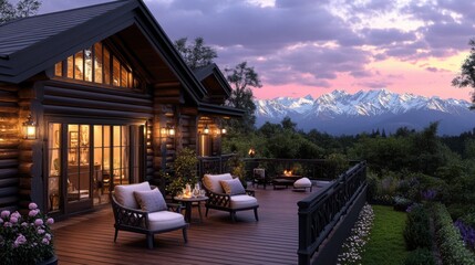 Cozy cabin porch overlooking mountains during sunset with flowers