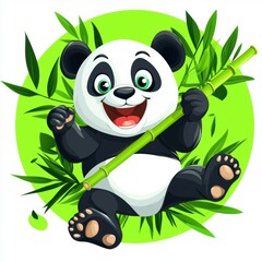 Playful panda enjoying bamboo cartoon style bright green background cheerful environment cute perspective