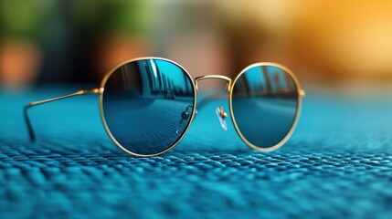 A pair of trendy round sunglasses with blue tinted lenses, resting on a vibrant fabric surface, capturing reflections and artistic light play.
