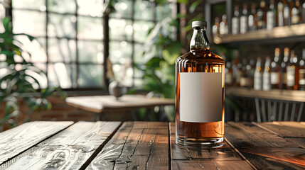 mockup transparent whiskey bottle on wooden table, bottle with blank white label, cafe table background with slight blur