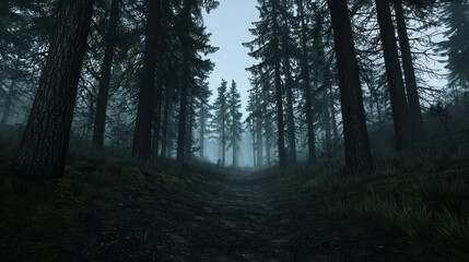 Fototapeta premium Dense Forest at Dusk with Tall Trees Casting Long Shadows in Mysterious Atmosphere
