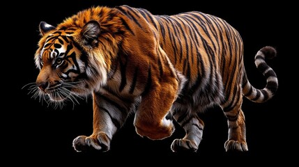 Obraz premium Majestic tiger walking, black background, wildlife, nature documentary