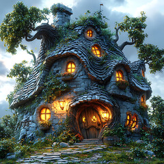 Fototapeta premium Enchanted stone cottage nestled in a lush forest, glowing warmly at dusk. Ideal for fantasy, fairytale, childrens book illustrations, or magical game backgrounds.