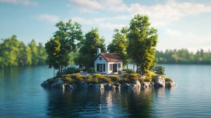 Obraz premium Secluded Island Home: A Tranquil Retreat on a Serene Lake Surrounded by Nature