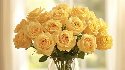 Obraz premium A bouquet of yellow roses arranged in a glass vase, with soft background bokeh creating a warm, inviting atmosphere.