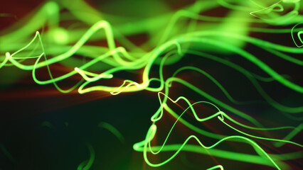 Bright neon green light trails curving and intersecting against a black futuristic backdrop