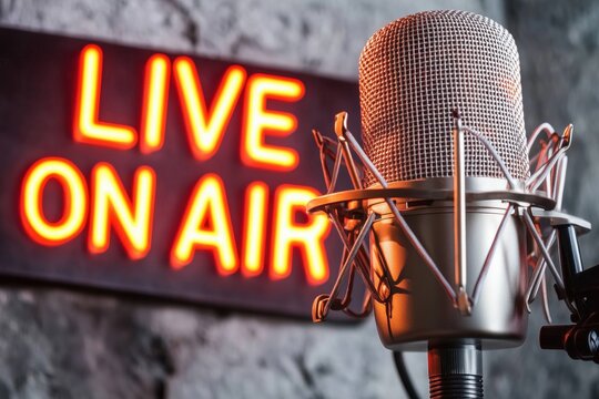 A close-up of a microphone with a glowing "Live On Air" sign in the background.
