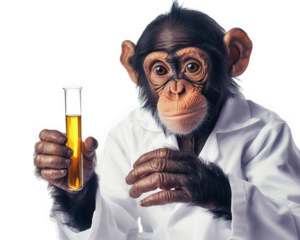 monkey dressed as scientist holding test tube filled with yellow liquid, showcasing curiosity and intelligence in laboratory setting