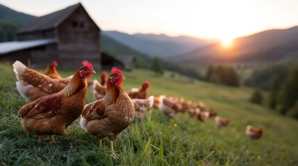 Chickens roam freely on a farm, basking in the warm sunlight during sunset, illustrating the tranquility and beauty of rural life and connection to nature.