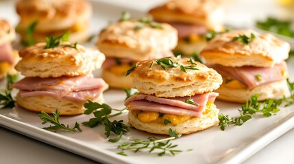 Mini ham biscuit sandwiches filled with savory ham and a tangy apricot mustard, elegantly presented on a sleek white platter with fresh herbs
