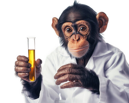 monkey dressed as scientist holding test tube filled with yellow liquid, showcasing curiosity and intelligence in laboratory setting